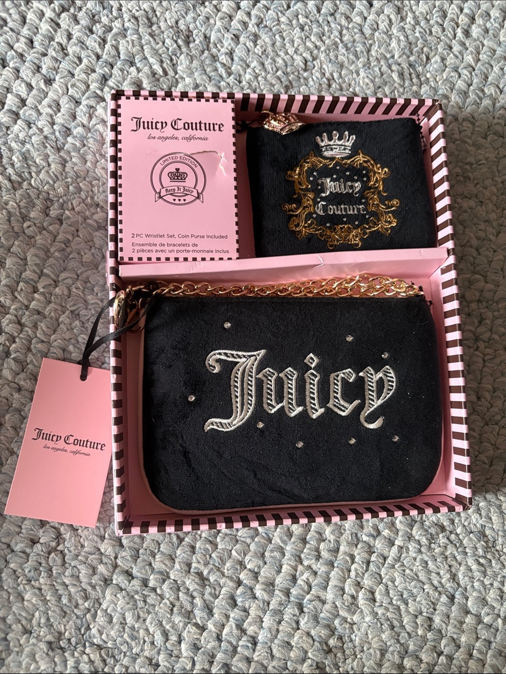Juicy Couture Black Velvet Wristlet with Gold Chain and Embroidered Logo